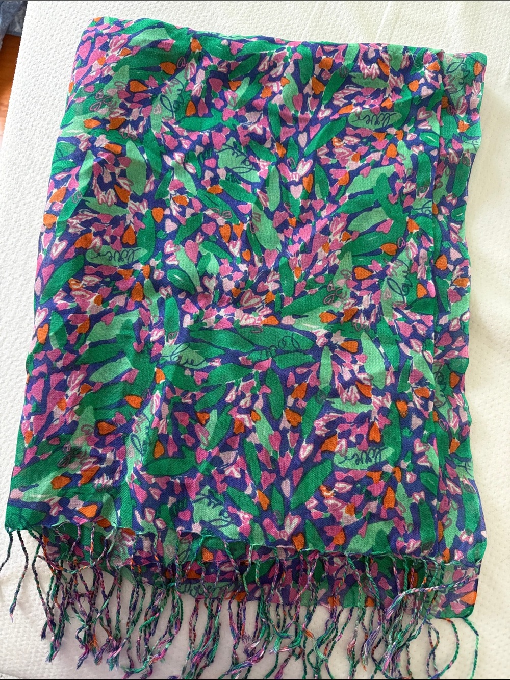 Lilly Pulitzer Green Floral Print Scarf with Fringe